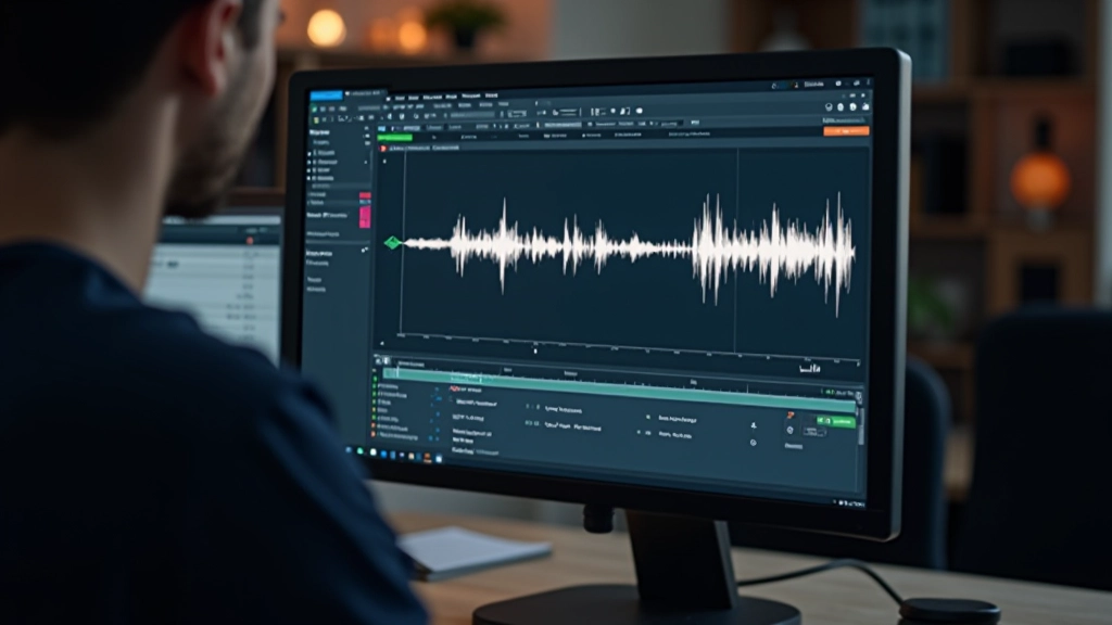 Dators ar Audacity redaktora logu atvērtu, parādot audio montāžas lietus un slīdņus
