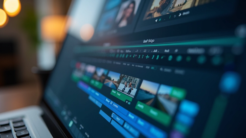 DaVinci Resolve redaktora interfeiss ar videoklipu timeline paneli, rādot vairākus video slāņus un pārejas efektus