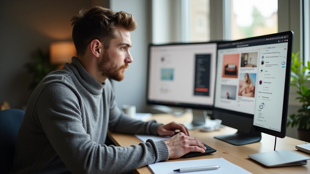 Radošais profesionālis strādā pie sava portfolio vietnes klēpjdatorā mājās, ekrānā redzams dizaina maketa projekts