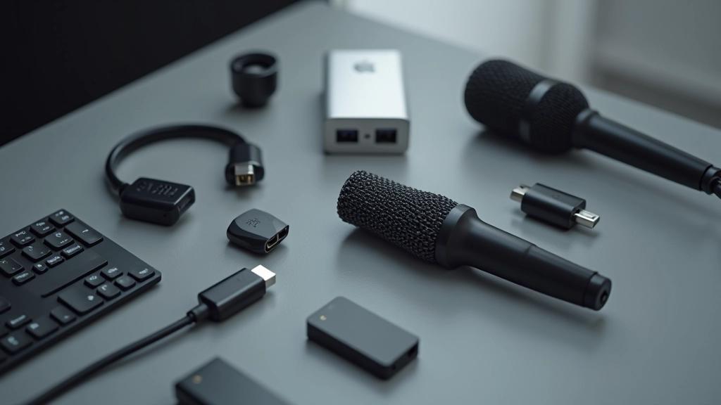 Dažādi USB mikrofoni un pielikumi uz pelēkas virsmas, parādot dažādas budžeta iespējas