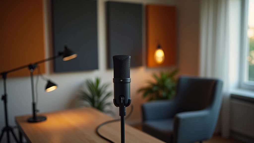 Neliela ierakstīšanas stacija ar akustiskiem paneļiem, mikrofonu uz statīva un lampu apgaismojumam