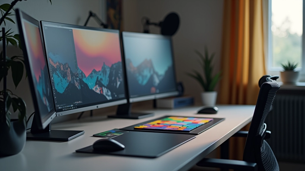 Modernu grafikas darbnīcas vide ar trīs monitoriem, grafikonu tablete un krāsu paletes uz pelēka galds