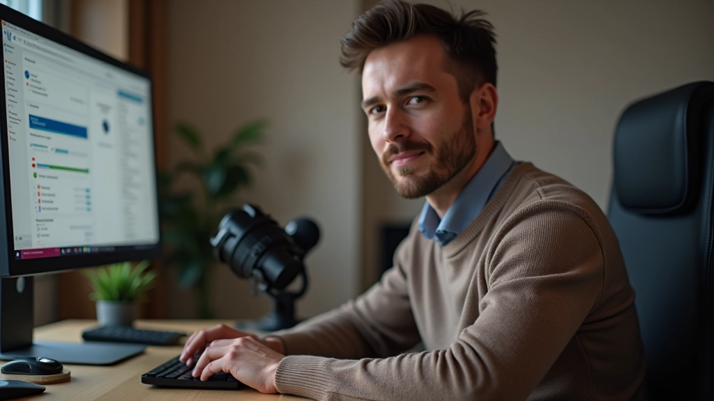 Cilvēks sēž pie galds ar datoru un mikrofonu, ierakstot podkāstu savā mājas ofisā