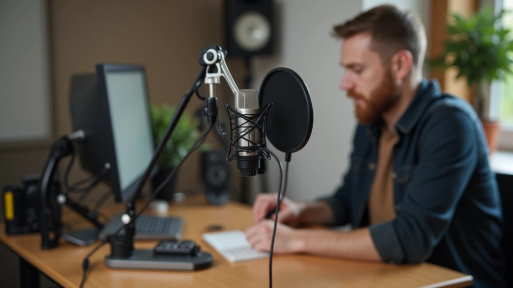 Podkāstu ierakstīšanas stacija ar USB mikrofonu, windscreenu un skaņas karti uz neliela galda