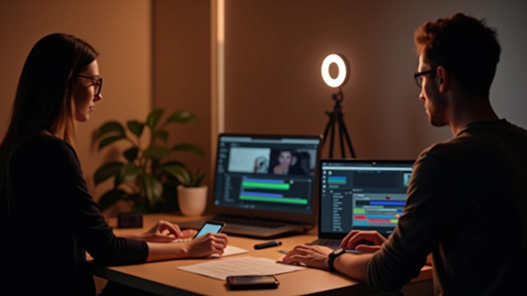 Video montāžas darba stacija ar vairākiem monitoriem un video montāžas programmatūru