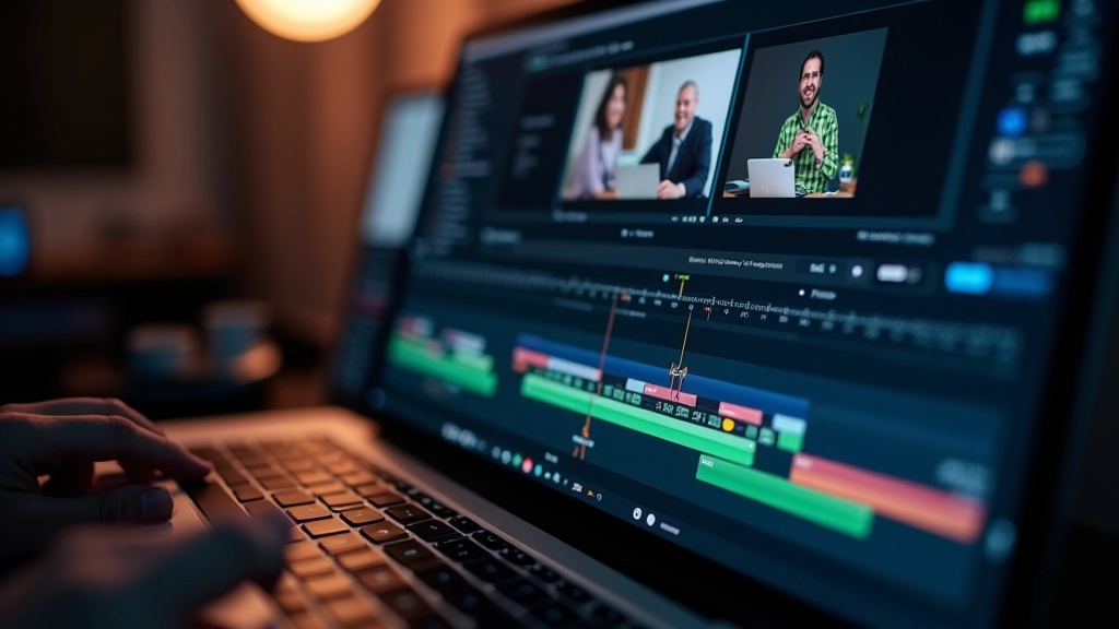 DaVinci Resolve timeline darbvirsma ar vairākiem video slāņiem, audio slāņiem un krāsu grādes paneļiem