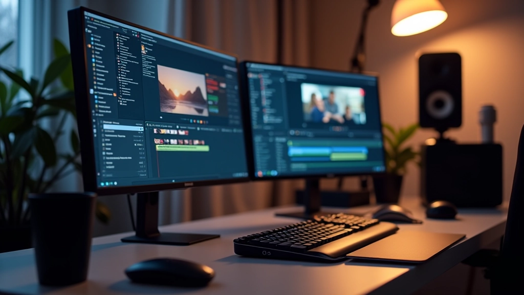 Profesionāls video montāžas darba stacija ar diviem monitoriem, klāviatūru un peles ar DaVinci Resolve sākotnējā ekrānā